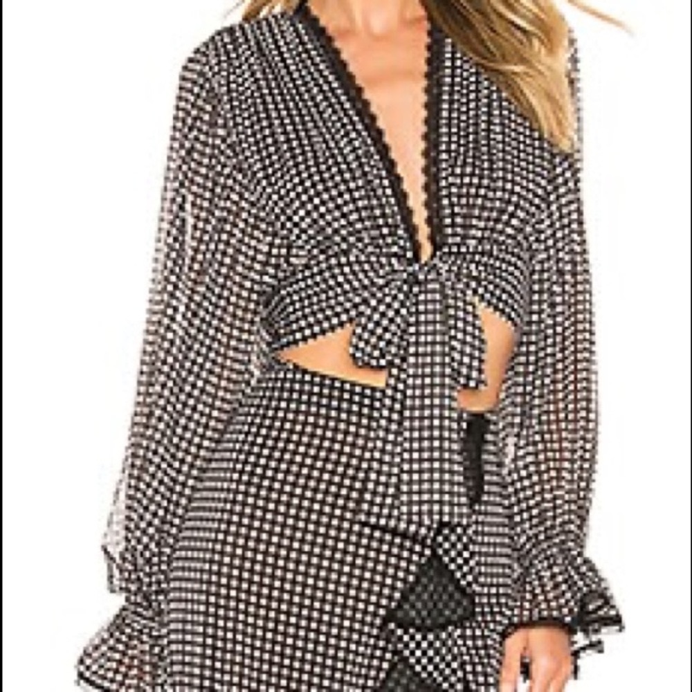 Gingham Front Tie Ruffle Sleeve Blouse in Black & White